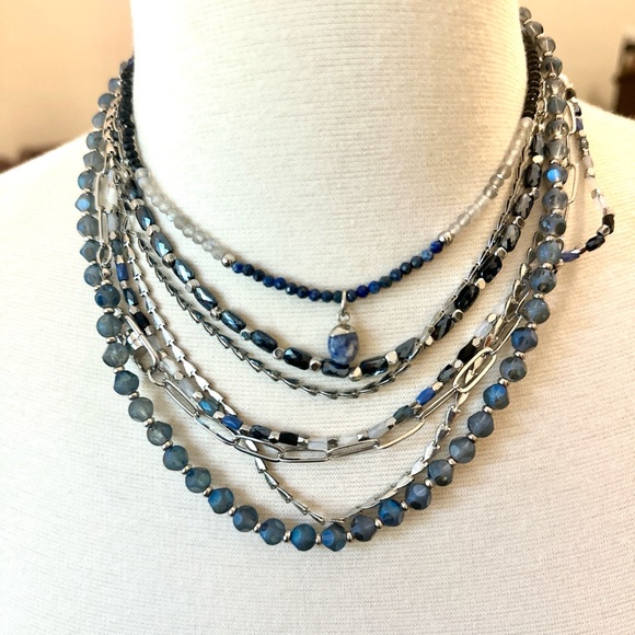 Elegant silver and Blue beads Layered convertible and adjustable Necklace. - Picture 3 of 11